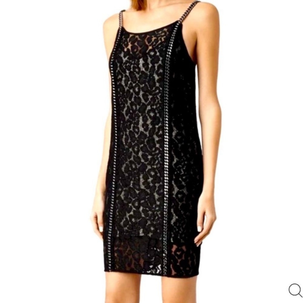 NWT All Saints Asha Black Lace Gunmetal Chain Mini Dress Size 4